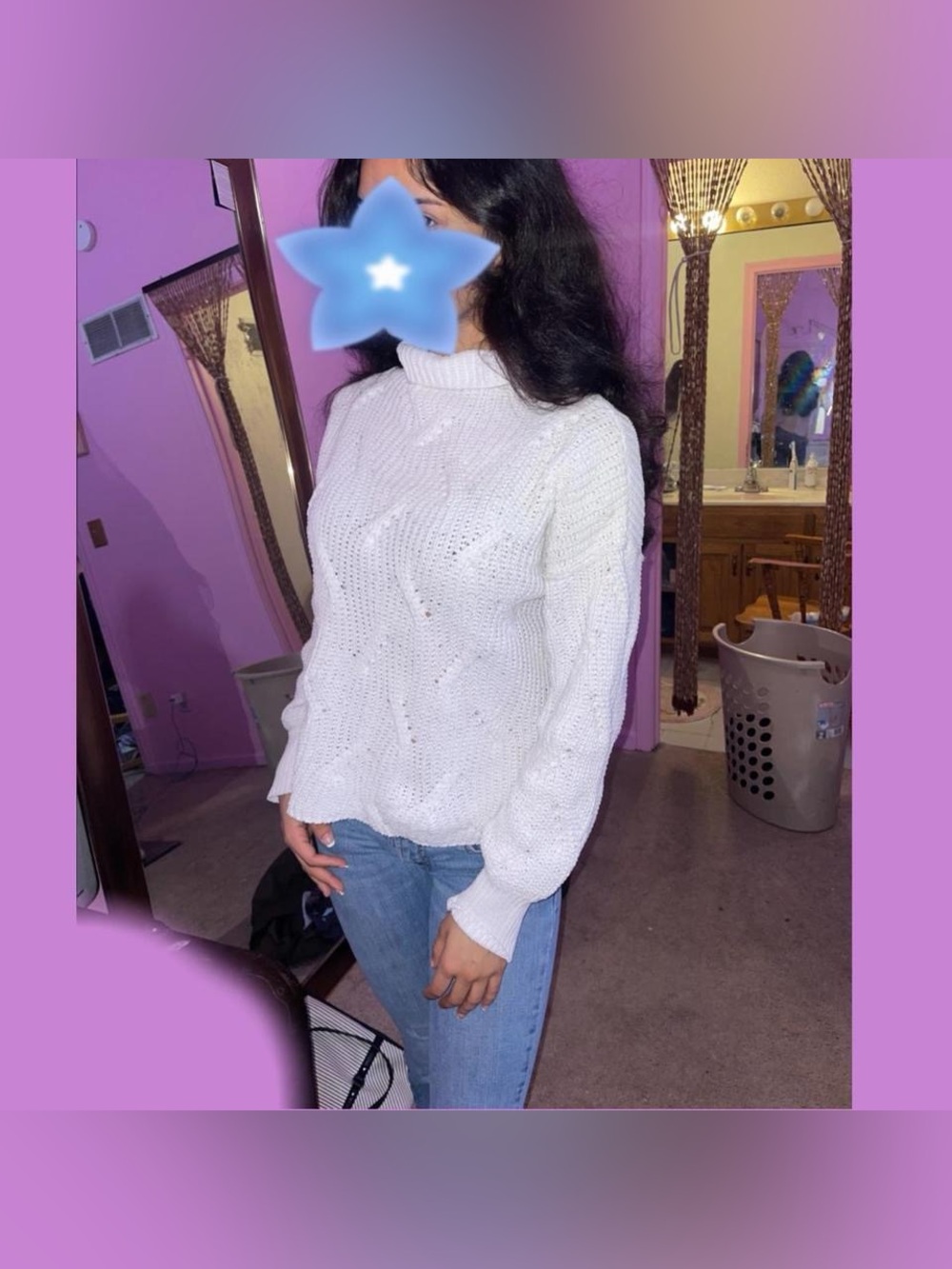 Poof! White Cable Mock Neck Sweater